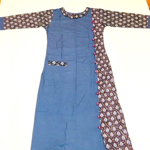 Ethnic Indian Wear Dresses & Skirts - NWT Pigeon Blue and Brown Peacock Pom Pom Tunic Maxi Dress Indian Pakistani